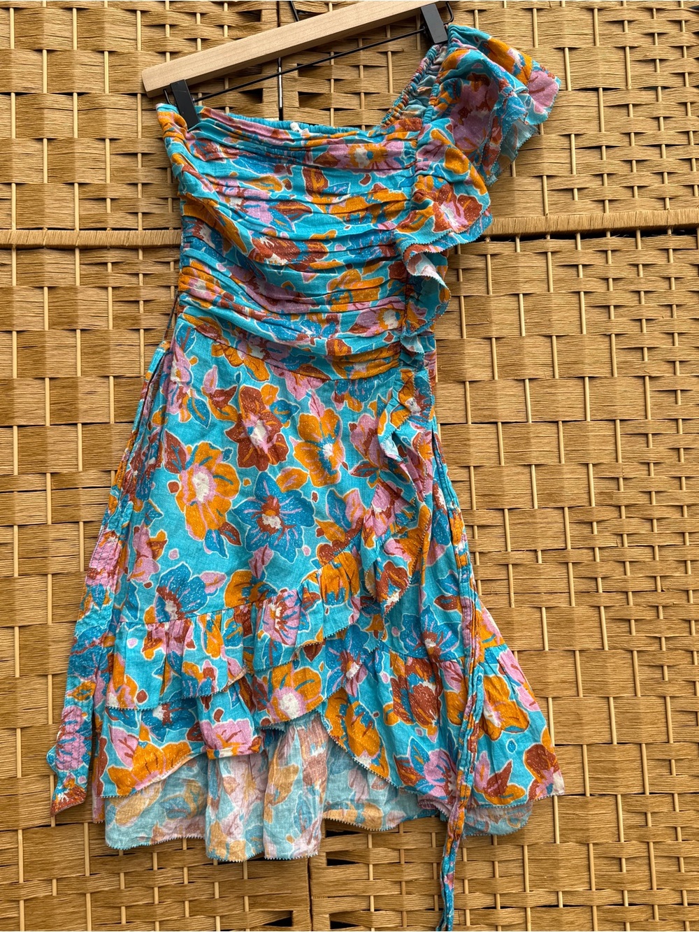Love The Label Floral One-Shoulder Floral Blue & OrangeRuffle Dress Women’s XS